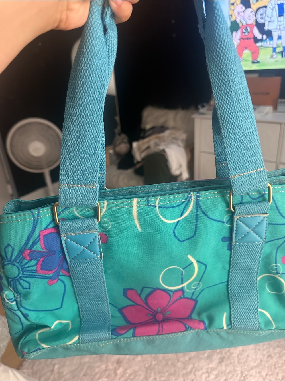 Turquoise Floral Tote with Pink Accents by - Picture 2 of 5